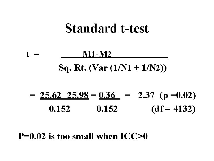 Standard t-test t = M 1 -M 2 Sq. Rt. (Var (1/N 1 +