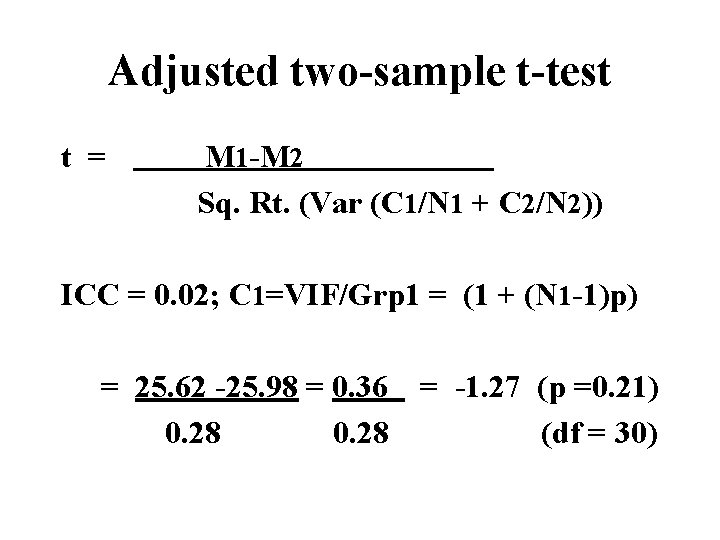 Adjusted two-sample t-test t = M 1 -M 2 Sq. Rt. (Var (C 1/N