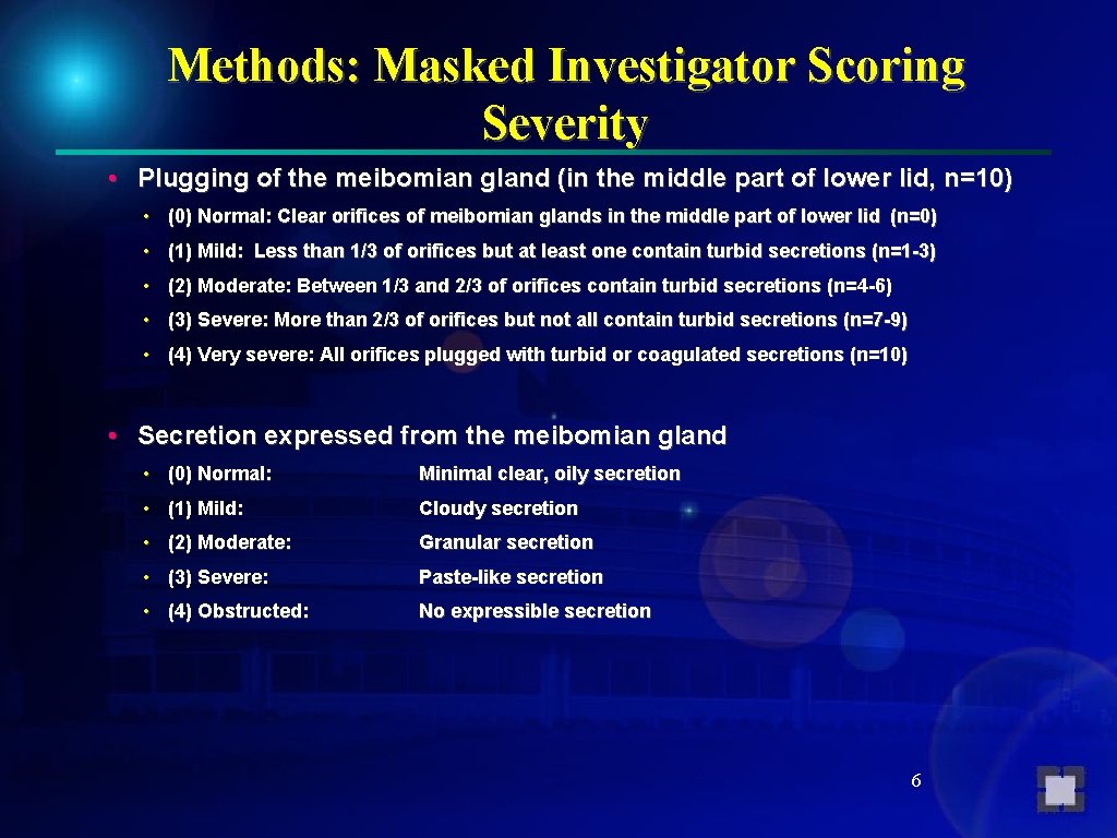 Methods: Masked Investigator Scoring Severity • Plugging of the meibomian gland (in the middle