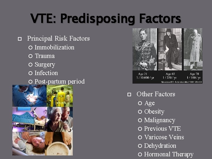 VTE: Predisposing Factors Principal Risk Factors Immobilization Trauma Surgery Infection Post-partum period Other Factors