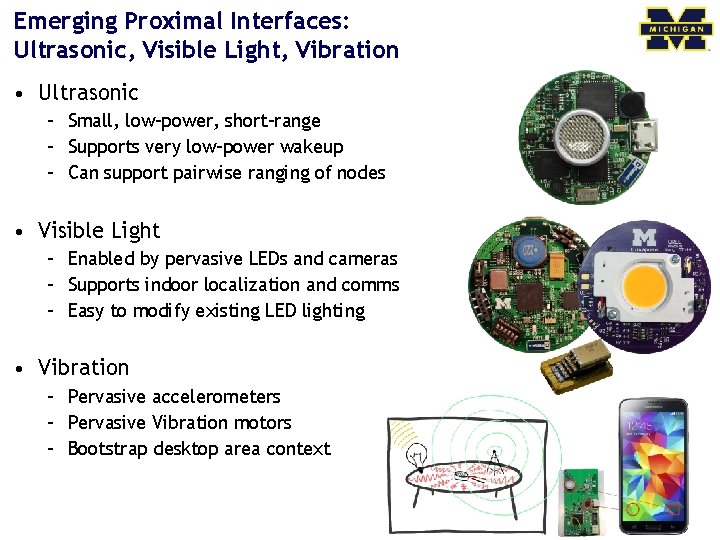 Emerging Proximal Interfaces: Ultrasonic, Visible Light, Vibration • Ultrasonic – Small, low-power, short-range –