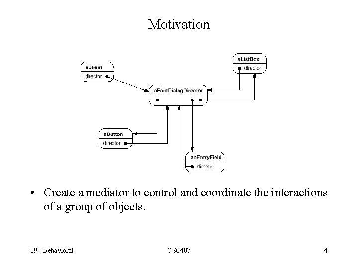 Motivation • Create a mediator to control and coordinate the interactions of a group Motivation • Create a mediator to control and coordinate the interactions of a group