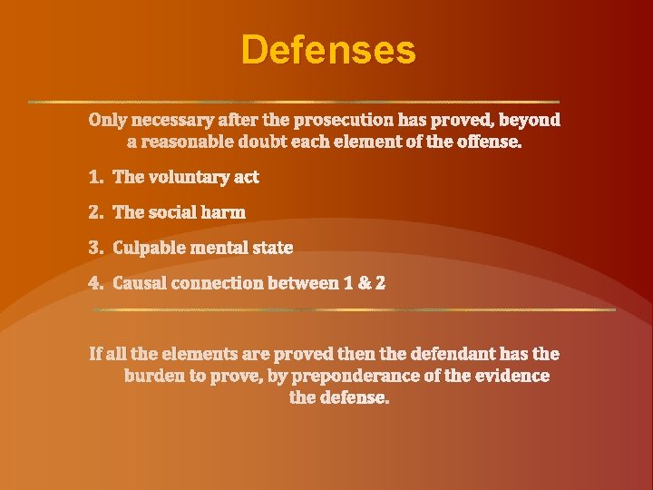 Defenses Only necessary after the prosecution has proved, beyond a reasonable doubt each element