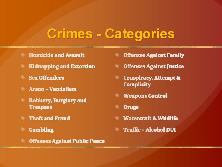 Crimes - Categories Homicide and Assault Offenses Against Family Kidnapping and Extortion Offenses Against