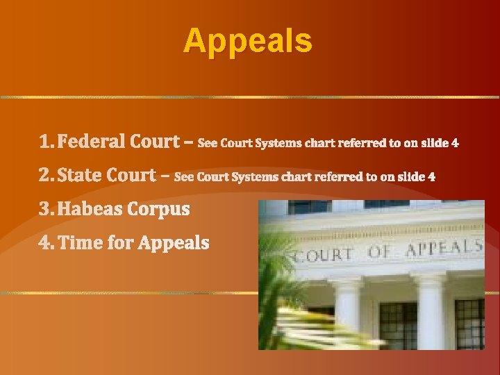 Appeals 1. Federal Court – See Court Systems chart referred to on slide 4