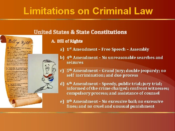 Limitations on Criminal Law United States & State Constitutions A. Bill of Rights a)