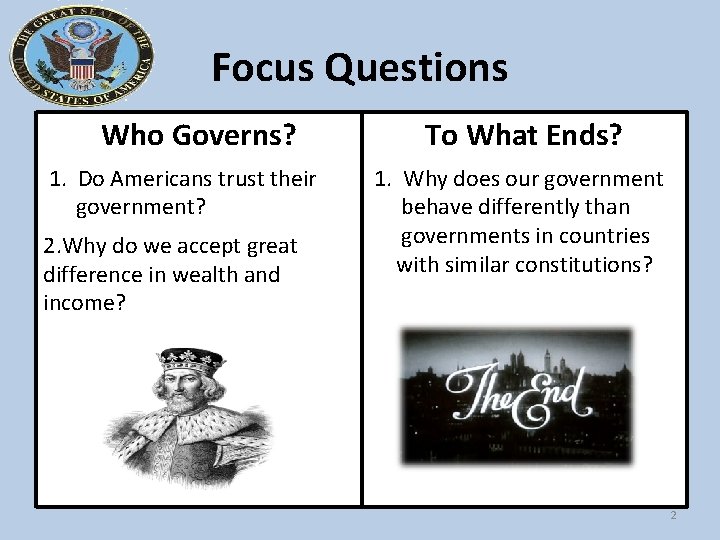 Focus Questions Who Governs? 1. Do Americans trust their government? 2. Why do we