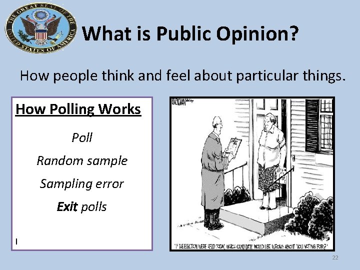 What is Public Opinion? How people think and feel about particular things. How Polling