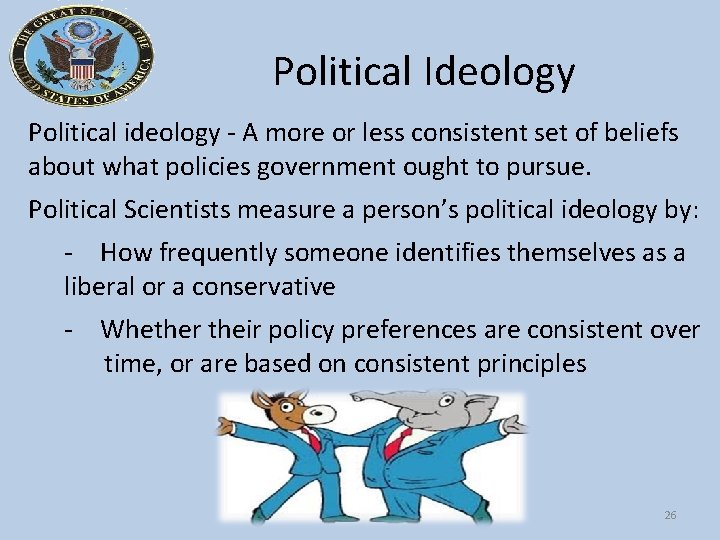 Political Ideology Political ideology - A more or less consistent set of beliefs about