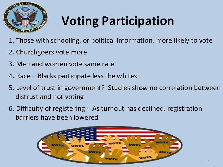 Voting Participation 1. Those with schooling, or political information, more likely to vote 2.