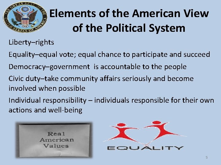 Elements of the American View of the Political System Liberty–rights Equality–equal vote; equal chance