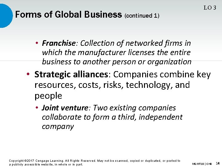 Forms of Global Business (continued 1) LO 3 • Franchise: Collection of networked firms