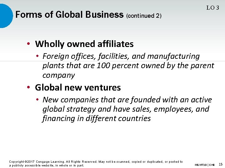 Forms of Global Business (continued 2) LO 3 • Wholly owned affiliates • Foreign