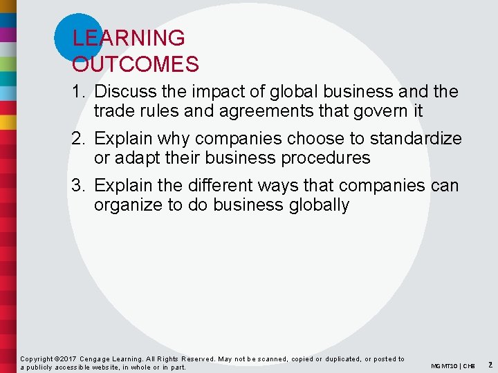 LEARNING OUTCOMES 1. Discuss the impact of global business and the trade rules and