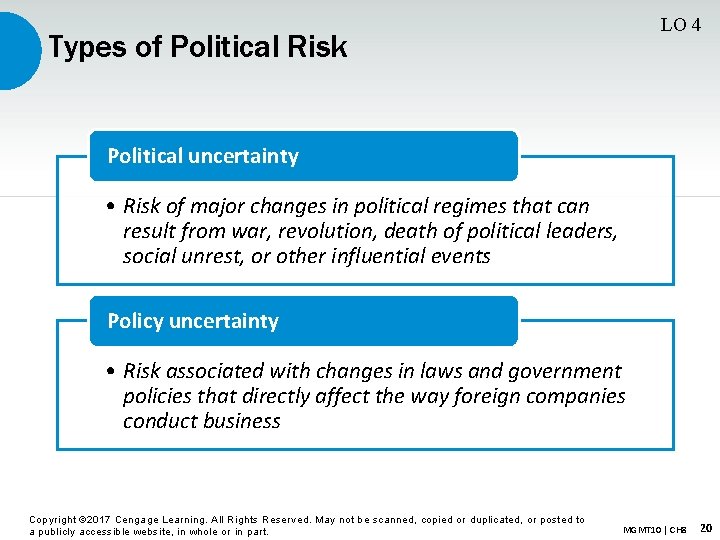 LO 4 Types of Political Risk Political uncertainty • Risk of major changes in