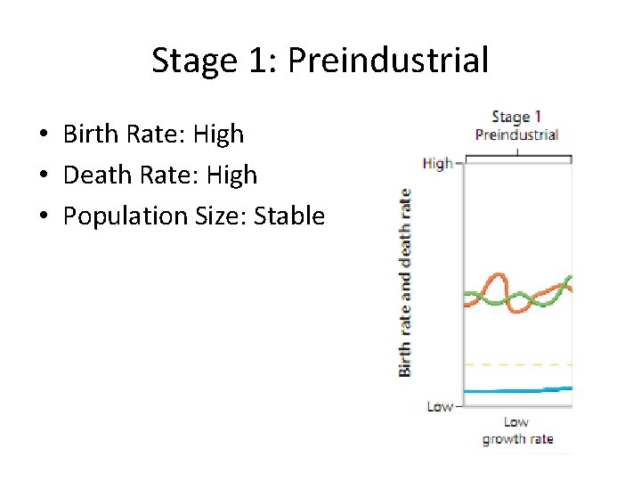 Stage 1: Preindustrial • Birth Rate: High • Death Rate: High • Population Size: