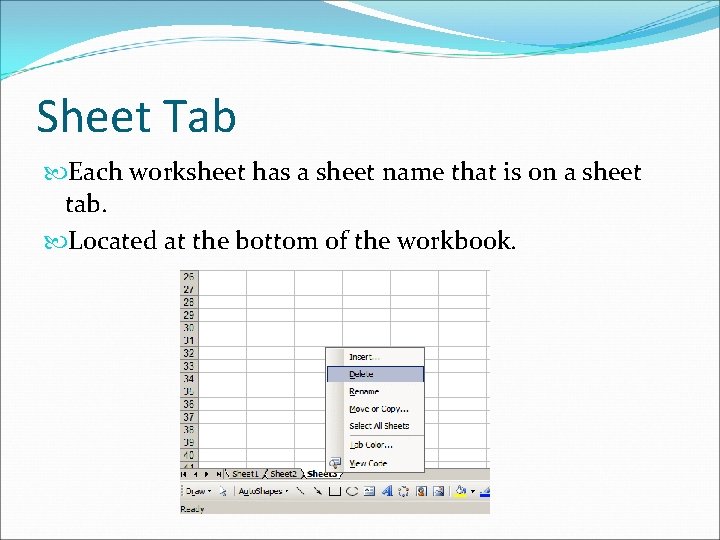Sheet Tab Each worksheet has a sheet name that is on a sheet tab.