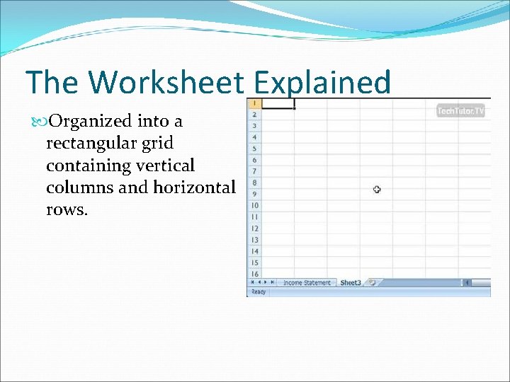 The Worksheet Explained Organized into a rectangular grid containing vertical columns and horizontal rows.