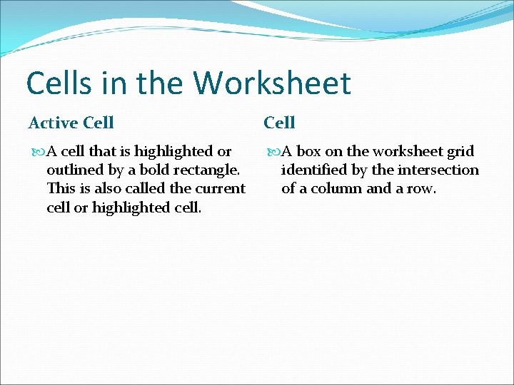 Cells in the Worksheet Active Cell A cell that is highlighted or outlined by