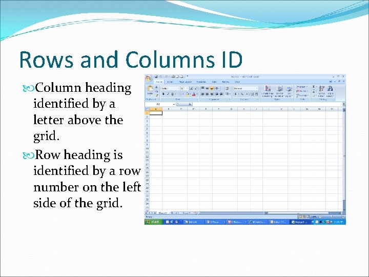 Rows and Columns ID Column heading identified by a letter above the grid. Row