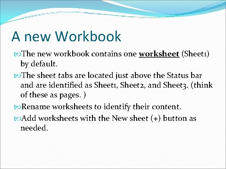 A new Workbook The new workbook contains one worksheet (Sheet 1) by default. The