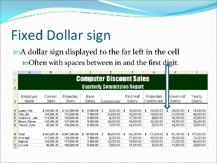 Fixed Dollar sign A dollar sign displayed to the far left in the cell