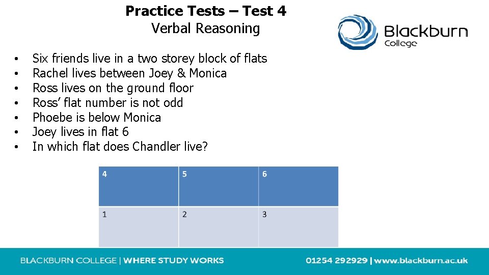 Practice Tests – Test 4 Verbal Reasoning • • Six friends live in a