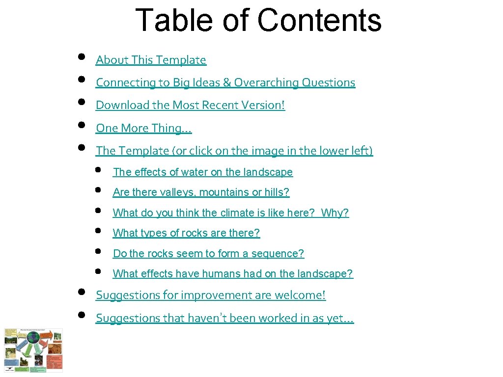 Table of Contents • • About This Template Connecting to Big Ideas & Overarching