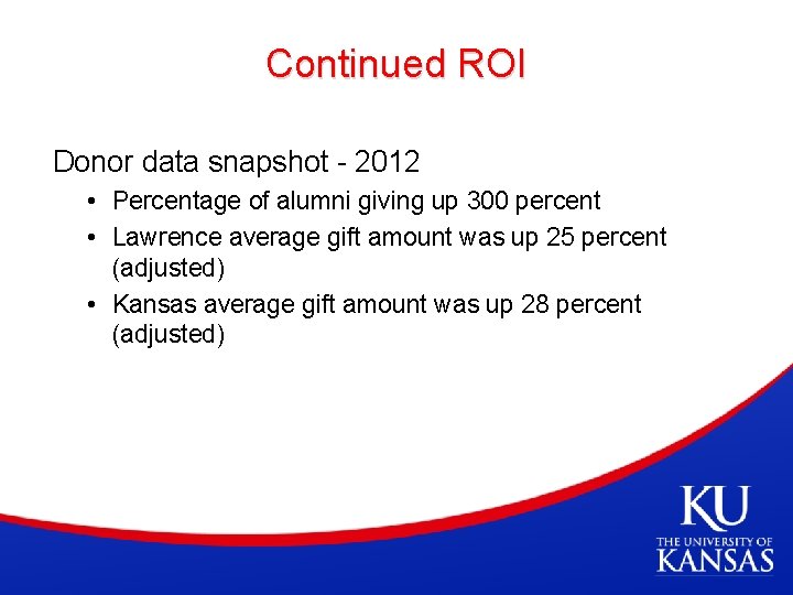 Continued ROI Donor data snapshot - 2012 • Percentage of alumni giving up 300