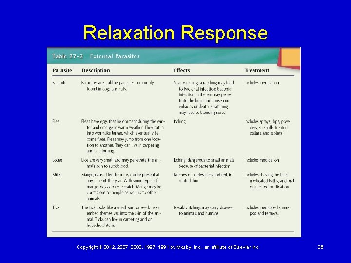 Relaxation Response Copyright © 2012, 2007, 2003, 1997, 1991 by Mosby, Inc. , an