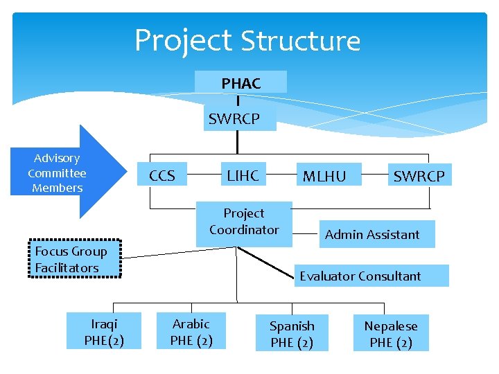 Project Structure PHAC SWRCP Advisory Committee Members CCS LIHC MLHU Project Coordinator Focus Group