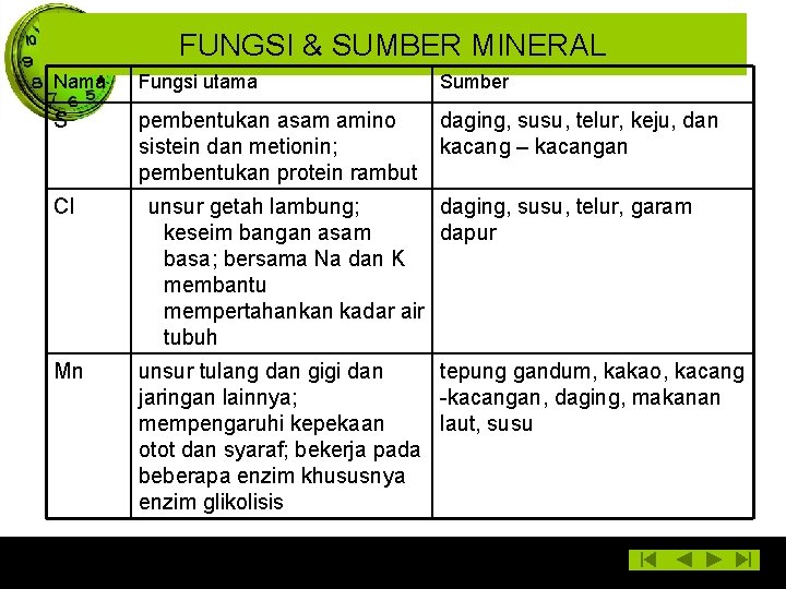 FUNGSI & SUMBER MINERAL Nama Fungsi utama Sumber S pembentukan asam amino sistein dan