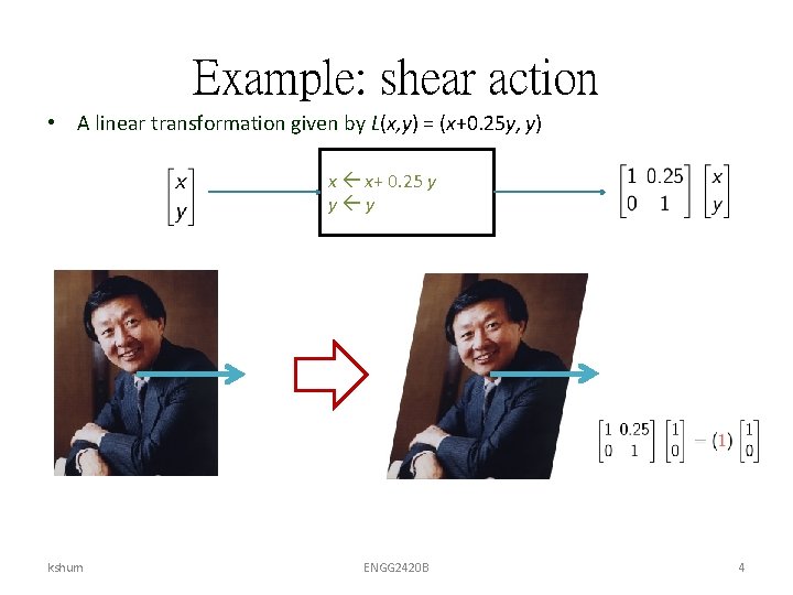 Example: shear action • A linear transformation given by L(x, y) = (x+0. 25