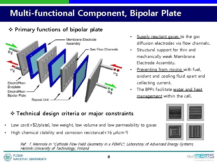 Multi-functional Component, Bipolar Plate v Primary functions of bipolar plate • Supply reactant gases