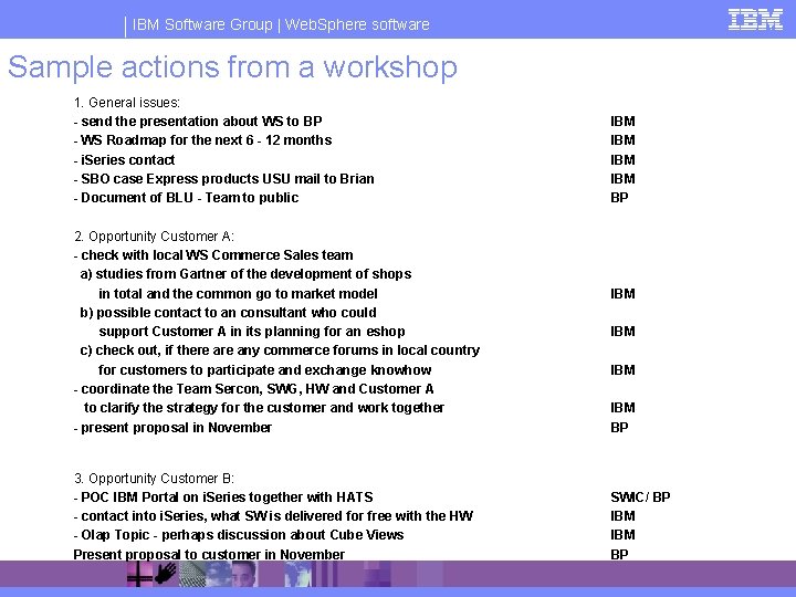 IBM Software Group | Web. Sphere software Sample actions from a workshop 1. General