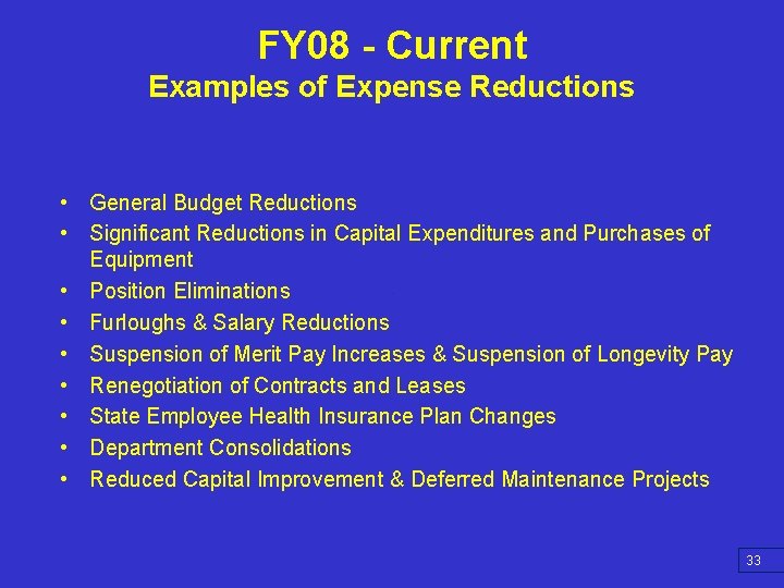 FY 08 - Current Examples of Expense Reductions • General Budget Reductions • Significant