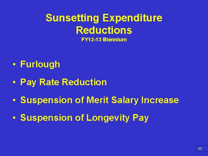 Sunsetting Expenditure Reductions FY 12 -13 Biennium • Furlough • Pay Rate Reduction •