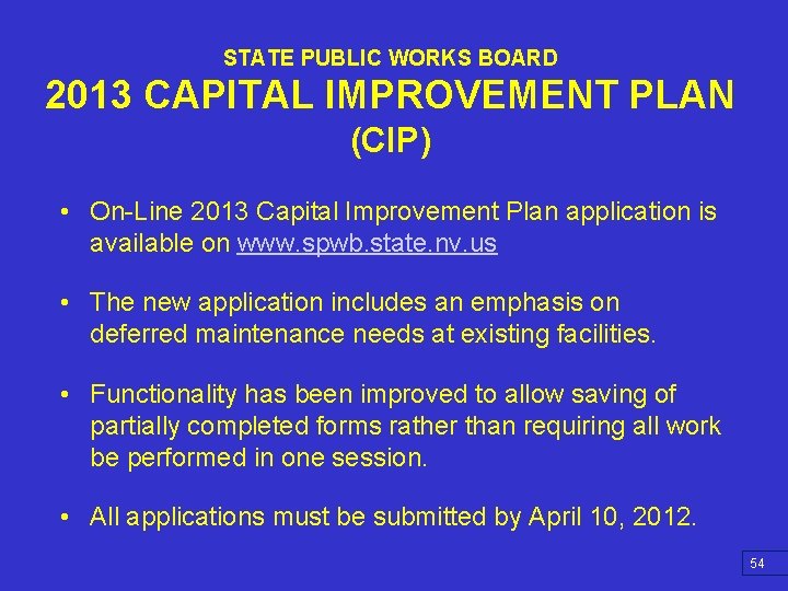 STATE PUBLIC WORKS BOARD 2013 CAPITAL IMPROVEMENT PLAN (CIP) • On-Line 2013 Capital Improvement