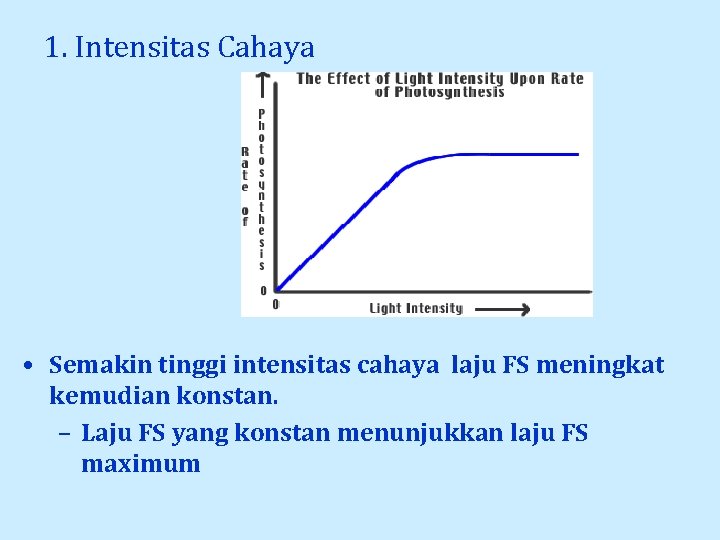 1. Intensitas Cahaya • Semakin tinggi intensitas cahaya laju FS meningkat kemudian konstan. –