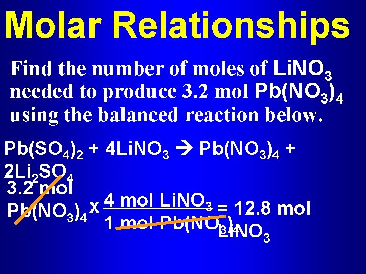 Molar Relationships Find the number of moles of Li. NO 3 needed to produce