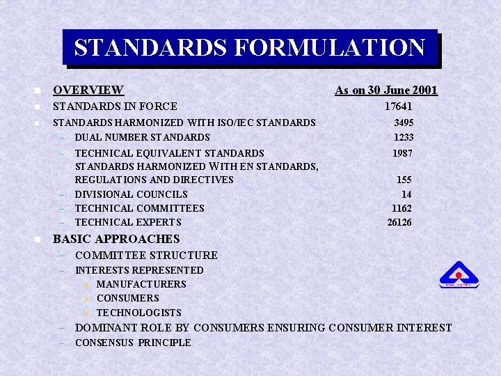 STANDARDS FORMULATION n OVERVIEW n STANDARDS IN FORCE n STANDARDS HARMONIZED WITH ISO/IEC STANDARDS