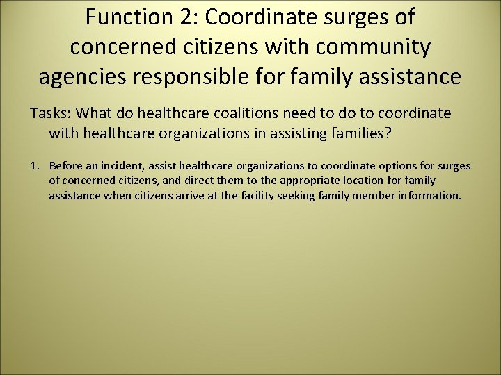 Function 2: Coordinate surges of concerned citizens with community agencies responsible for family assistance