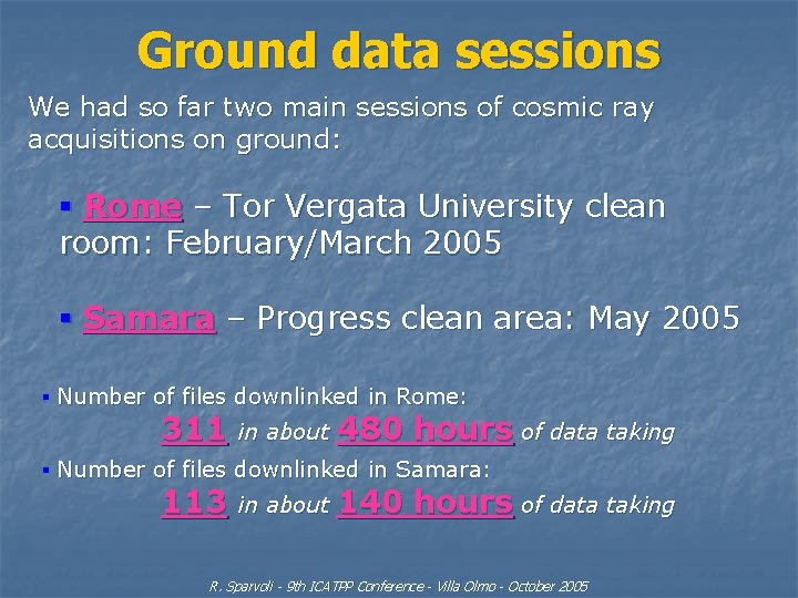 Ground data sessions We had so far two main sessions of cosmic ray acquisitions