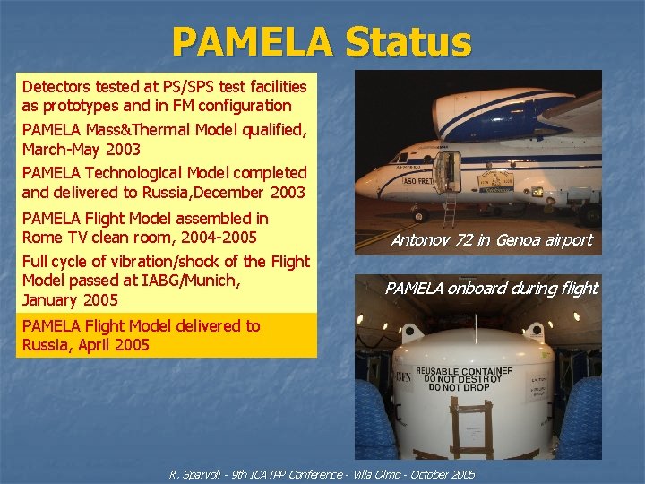 PAMELA Status Detectors tested at PS/SPS test facilities as prototypes and in FM configuration
