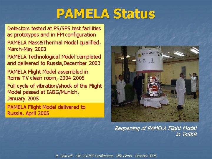 PAMELA Status Detectors tested at PS/SPS test facilities as prototypes and in FM configuration