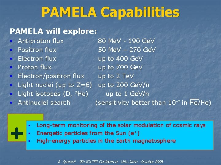 PAMELA Capabilities PAMELA will explore: § § § § Antiproton flux Positron flux Electron