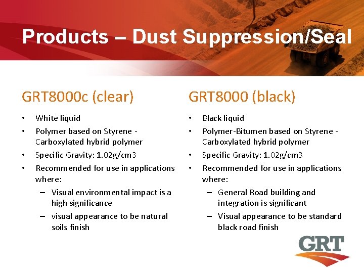 Products – Dust Suppression/Seal GRT 8000 c (clear) • • White liquid Polymer based