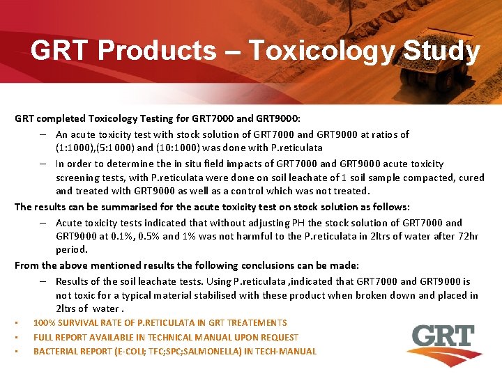 GRT Products – Toxicology Study GRT completed Toxicology Testing for GRT 7000 and GRT