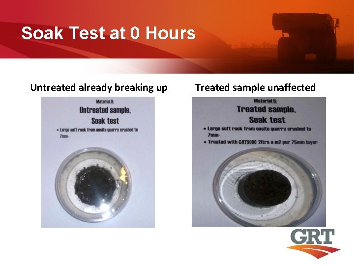 Soak Test at 0 Hours Untreated already breaking up Treated sample unaffected 