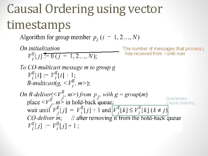 Causal Ordering using vector timestamps The number of messages that process j has received